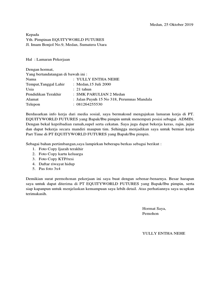Surat Lamaran Kerja Yully