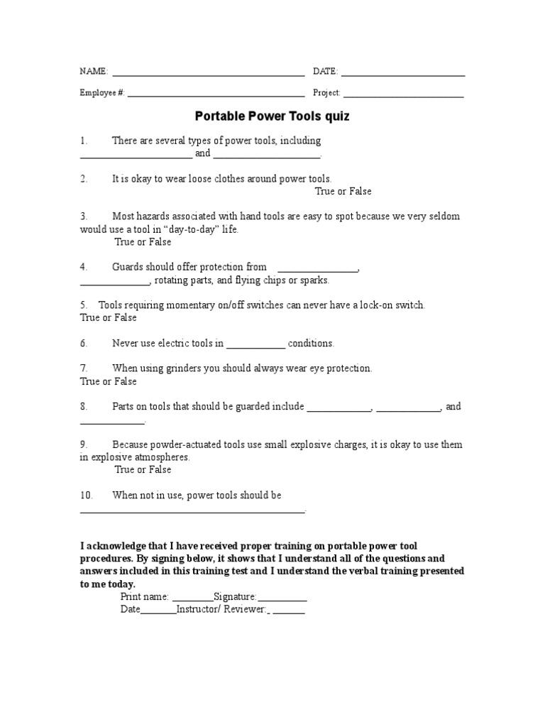 Portable Power Tools Quiz Name Date Employee Project PDF