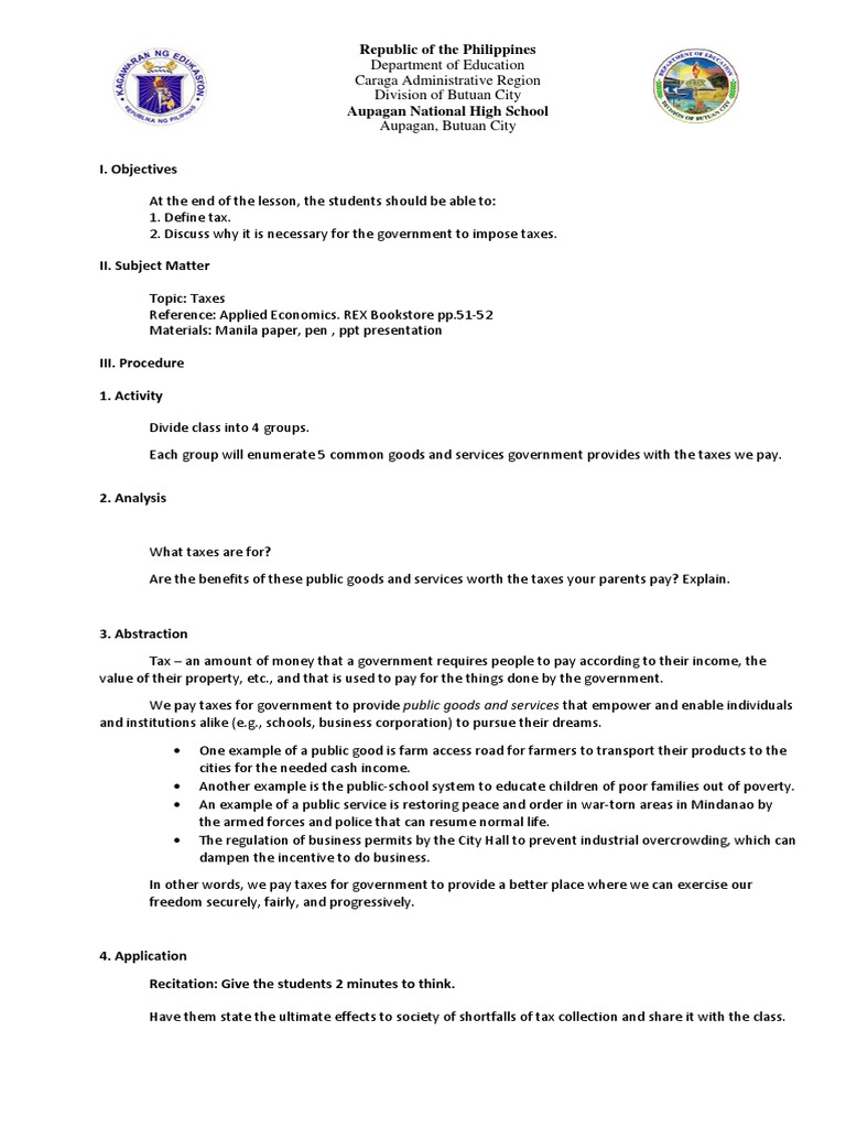 Lesson Plan Taxes PDF Public Good Taxes