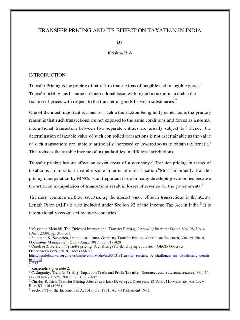 Impact of Transfer Pricing on Indian Taxation | PDF | Double Taxation ...