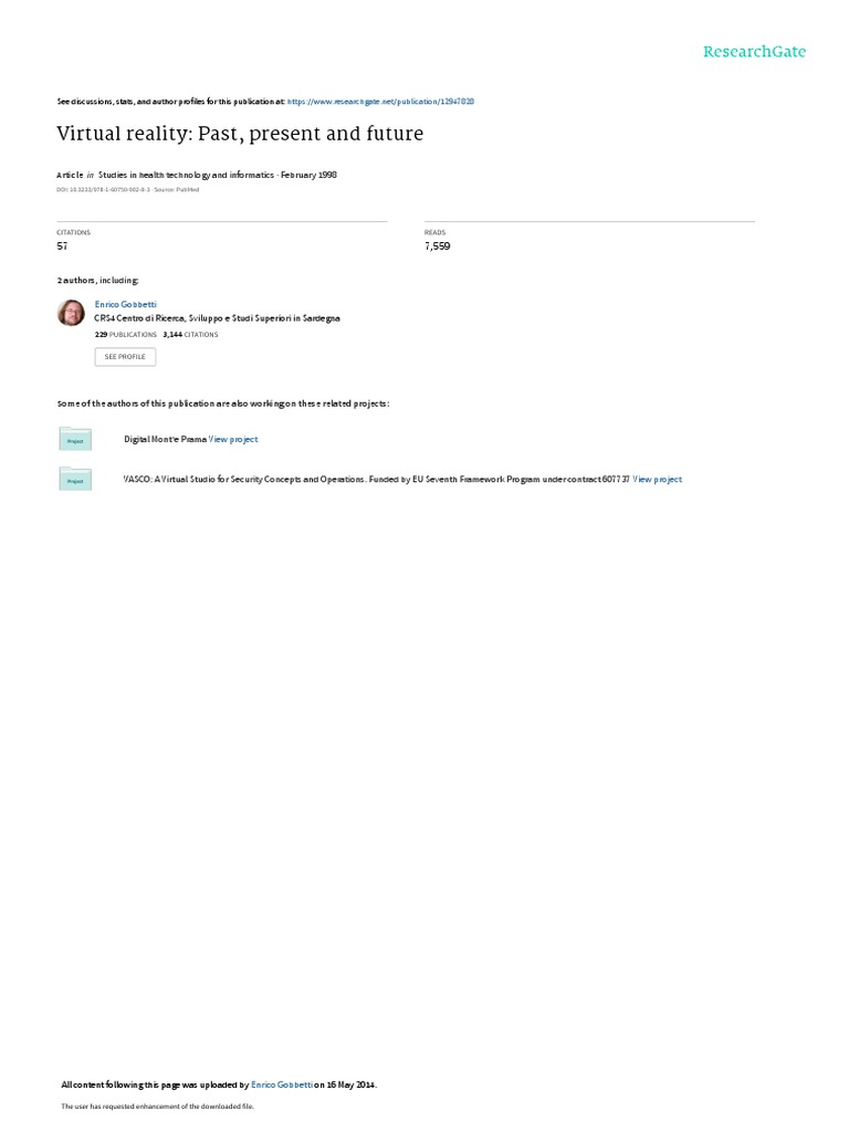 Virtual Reality Past Present and Future PDF Virtual Reality Olfaction