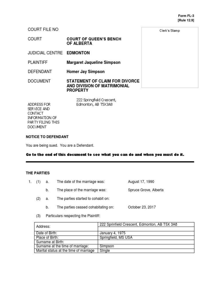 Statement of Claim for Divorce and DMP Child Custody Marriage