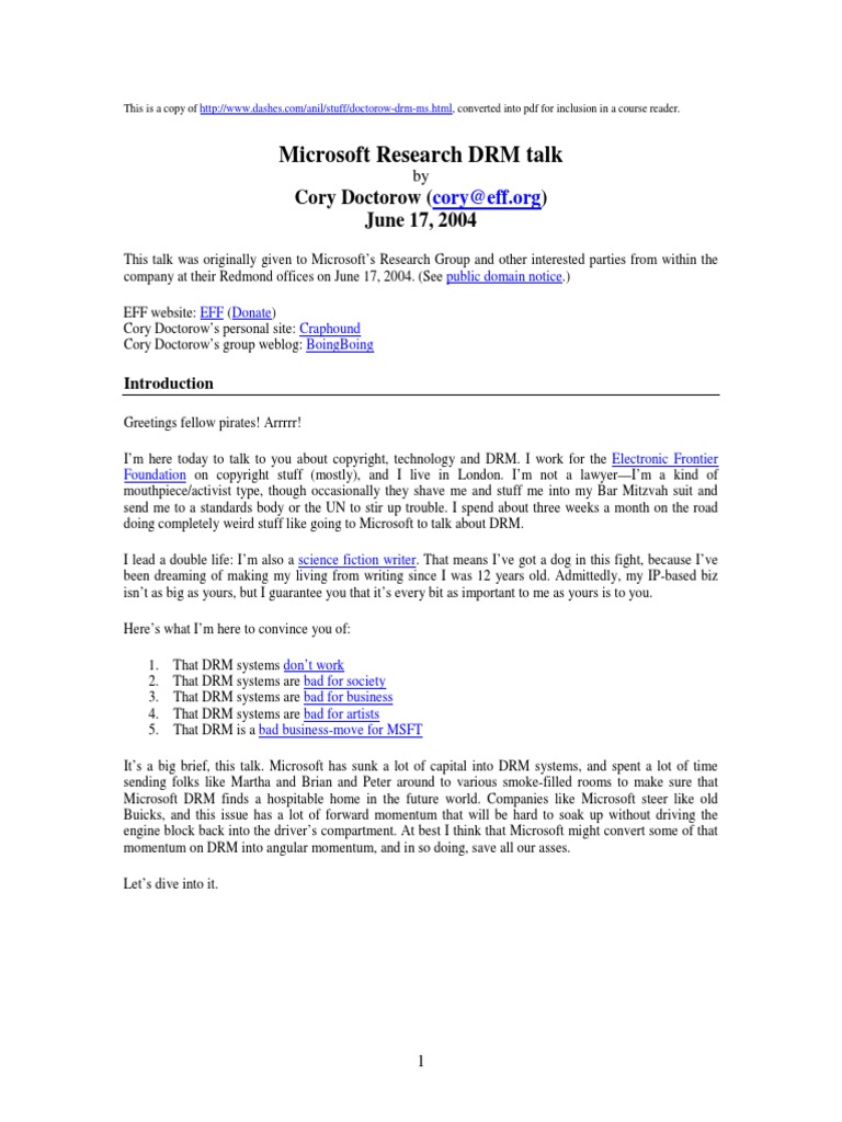 Microsoft Research DRM Talk: Cory Doctorow June 17, 2004 | PDF