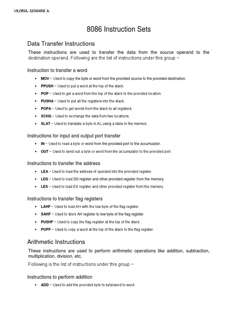 Intel 8086 Instruction Sets