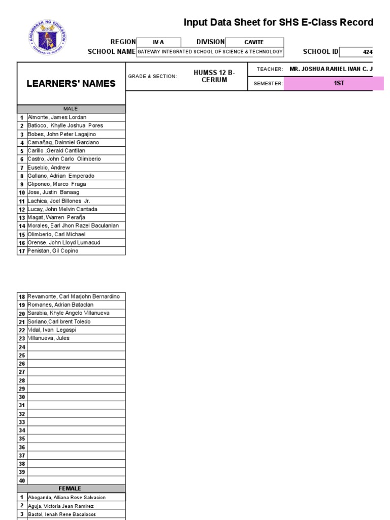 Learners names input data sheet for shs e class record pdf
