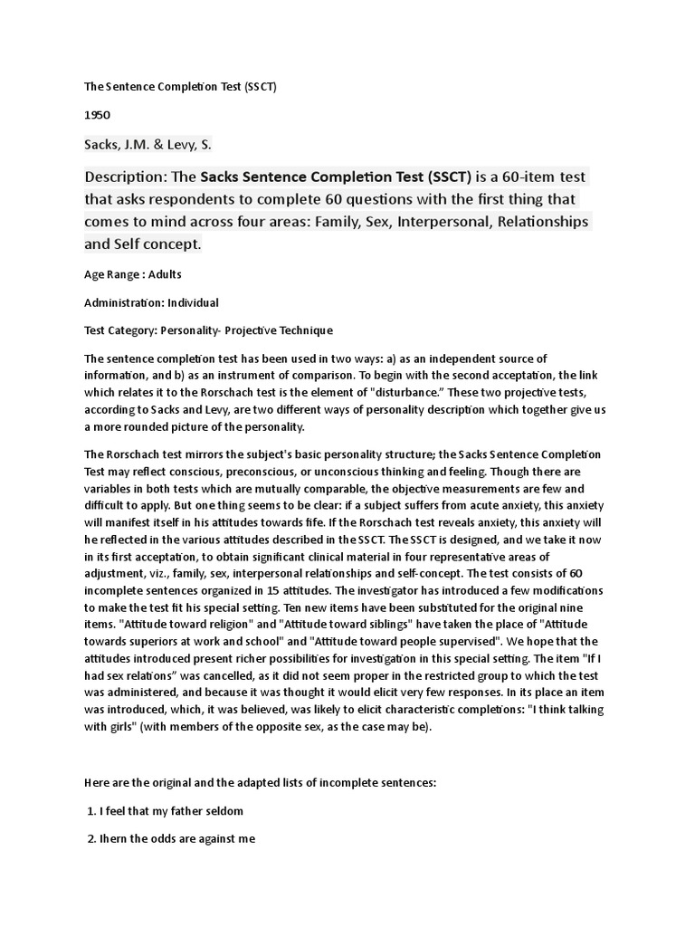 Sacks Sentence Completion Test Overview | PDF | Attitude (Psychology ...