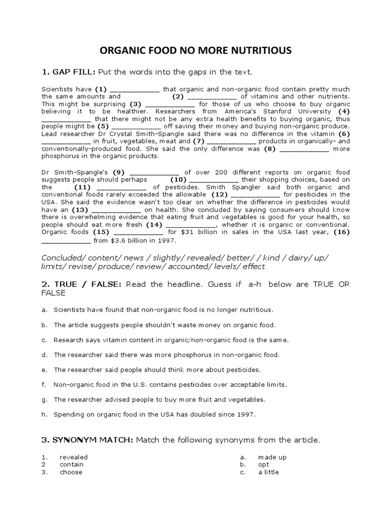 Organic Food No More Nutritious 1. GAP FILL Put The Words Into The