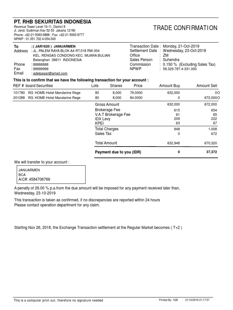 Trade Confirmation: Pt. RHB Sekuritas Indonesia | PDF | Financial ...