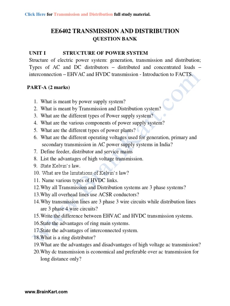 Transmission and Distribution Question Bank | PDF | Electric Power ...