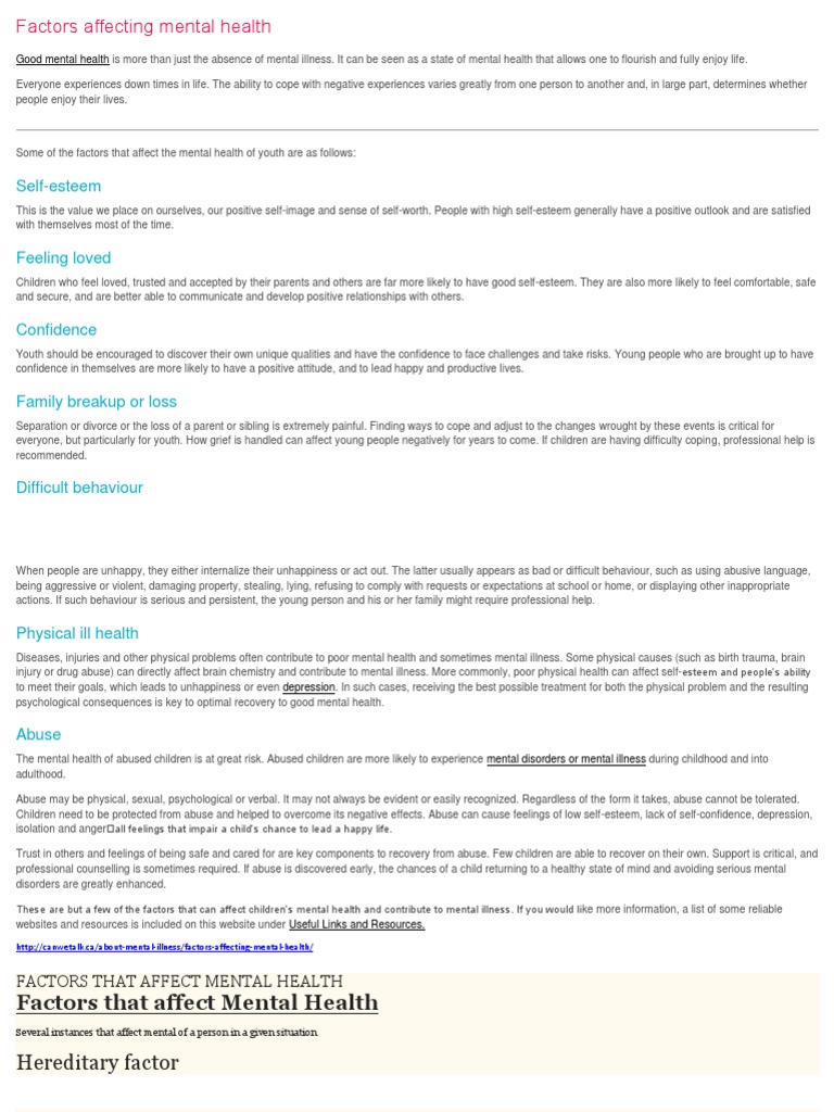 Factors Influencing Mental Health | PDF | Mental Health | Mental Disorder