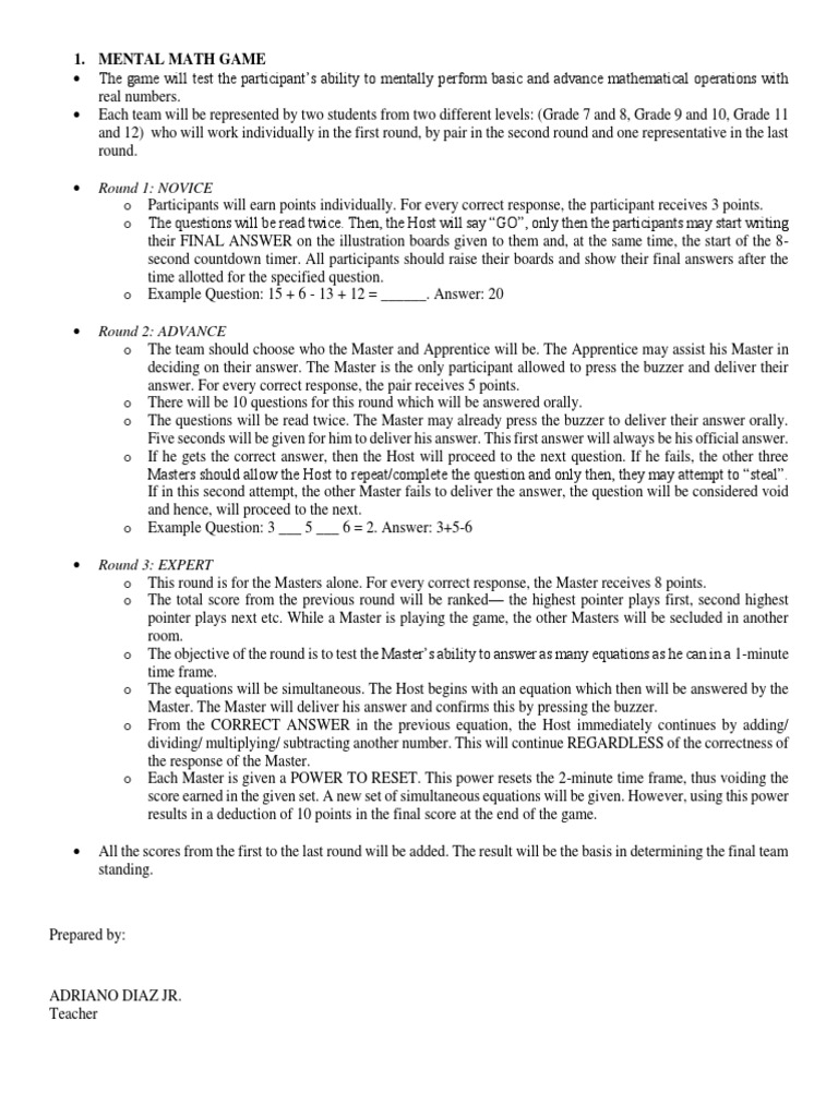 Mental Math Game Pdf Behavior Modification Cognition