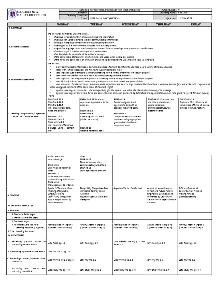 Grade 6 Dll English 6 Q1 Week 4 Pdf Reading Comprehension Word