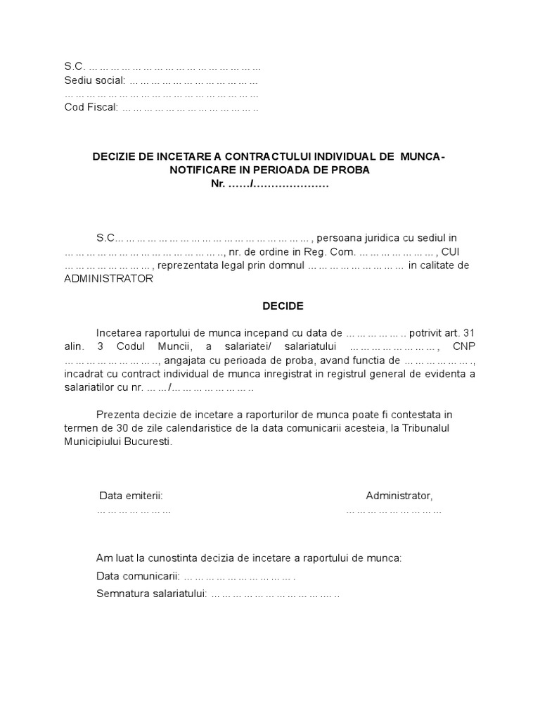 Decizie Notificare De Incetare Contract In Perioada De Proba