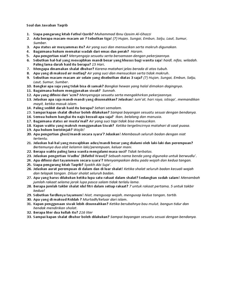 Soal Kitab Fathul Qorib