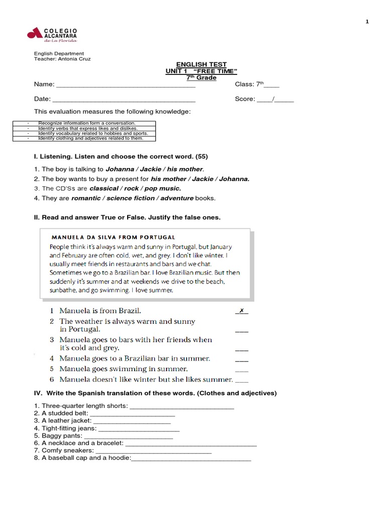 7th Grade English Test: Free Time Unit | PDF | Cognitive Science ...