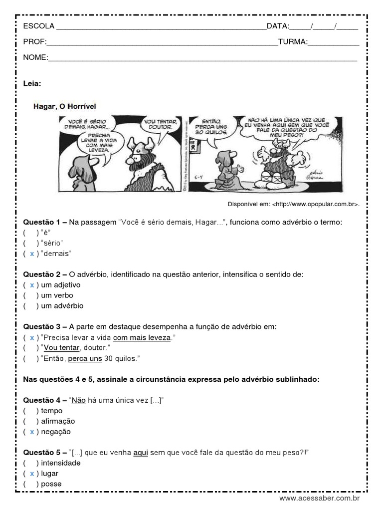 Exercicios Sobre Adjetivos 6 Ano Com Tirinhas