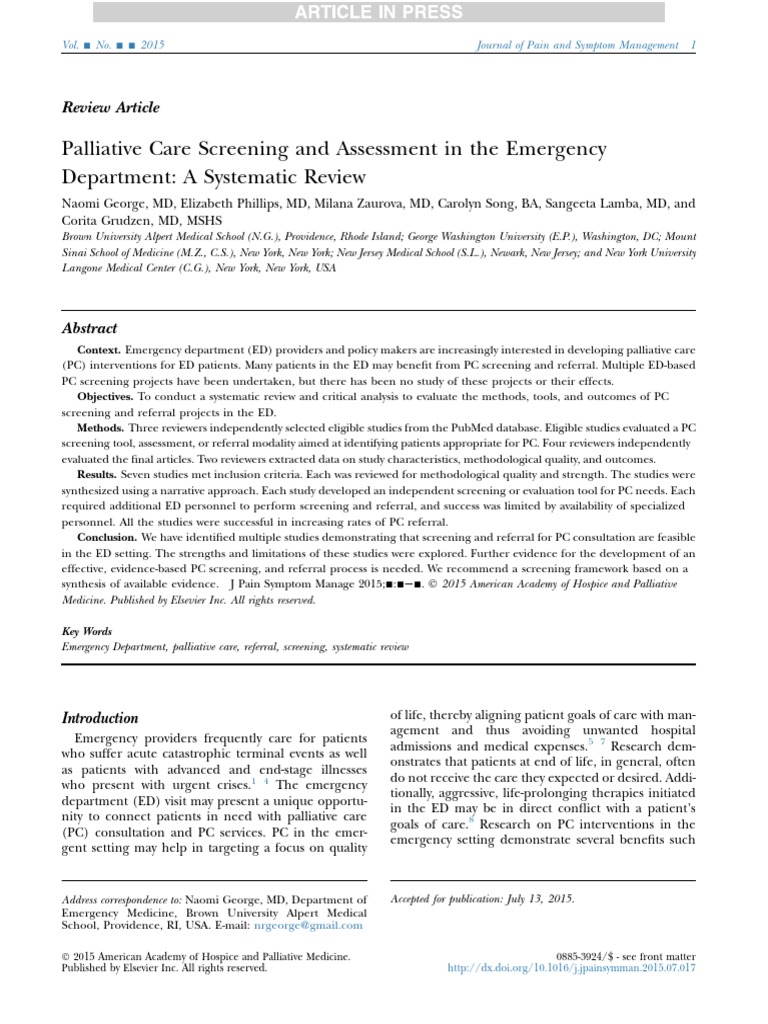 Palliative Care Screening and Assessment in The Emergency Department: A ...