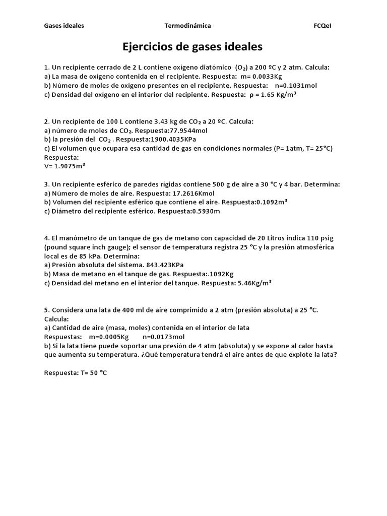 Ejercicios de Gases Ideales en Termodinámica | PDF | Ciencia y matemáticas
