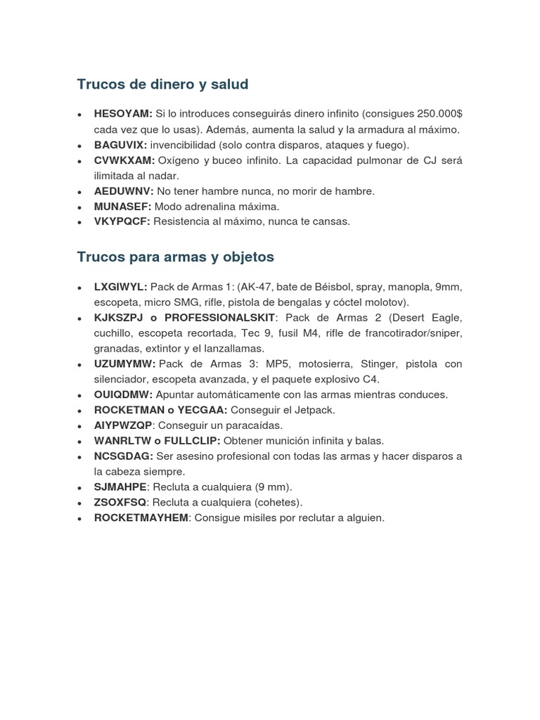 Claves Gta San Andreas PDF Armas de proyectiles Arsenal