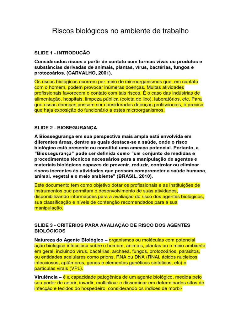 Riscos Biológicos no Trabalho e Biossegurança | PDF | Infecção | Biologia