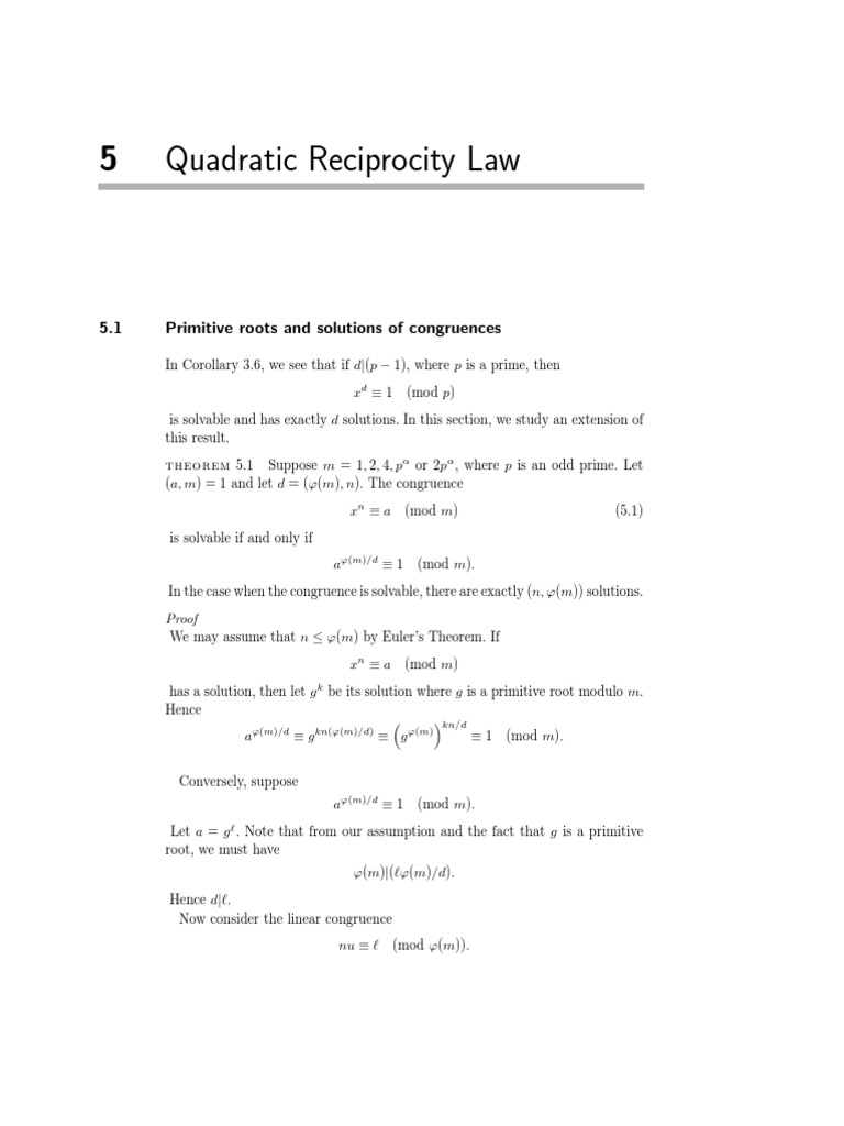 5 Quadratic Reciprocity Law 5.1 Primitive Roots and Solutions of