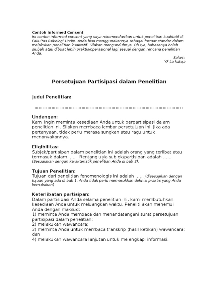 Contoh Format Informed Consent Penelitian | PDF