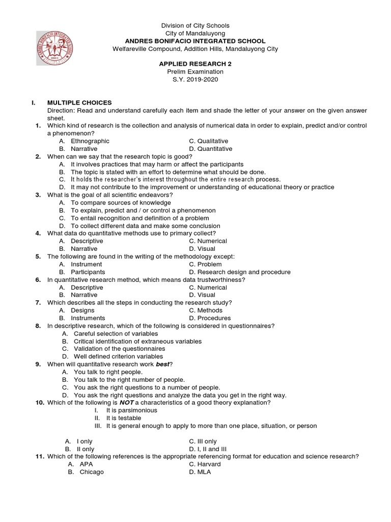 Applied Research 2 Prelim Exam Guide | PDF | Sampling (Statistics ...