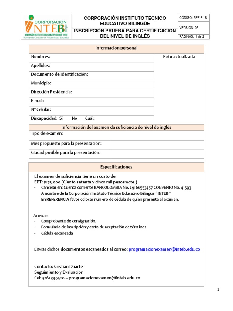 Sef F 18 Inscripcion Prueba Para Certificacion Del Nivel De Ingles Multilinguismo Tecnologia Educacional
