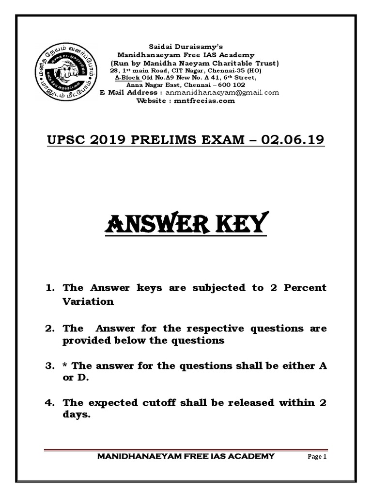 Answer Key UPSC 2019 PRELIMS EXAM 02.06.19 PDF Virtual Reality