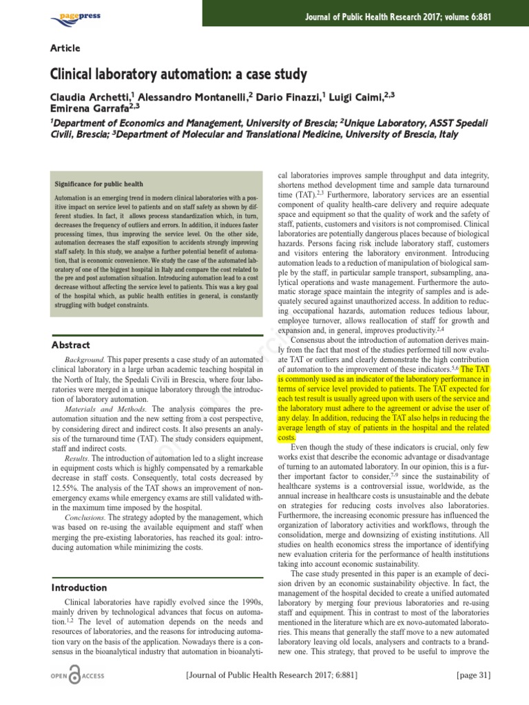 Clinical Laboratory Automation A Case Study | PDF | Automation ...