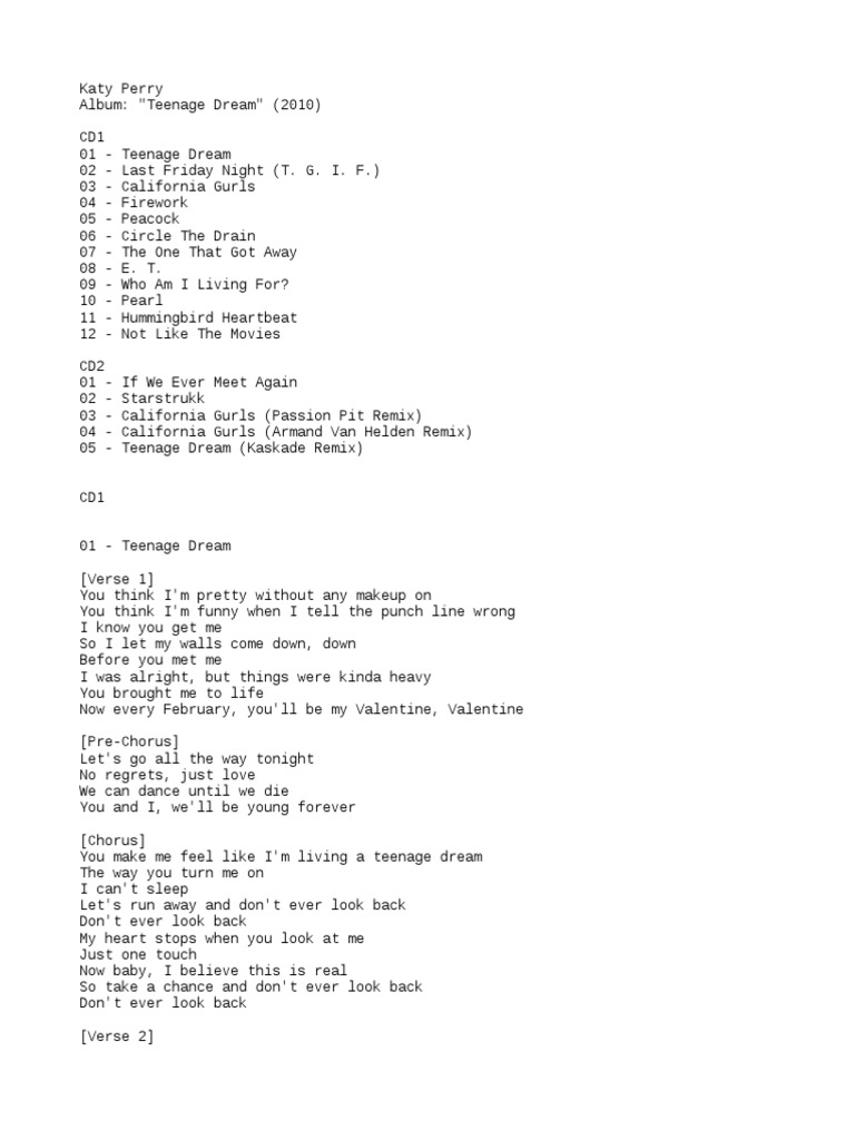 Katy Perry Teenage Dream Lyrics Song Structure Nature