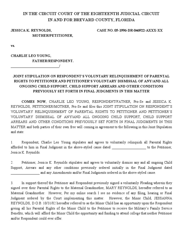 Joint Stipulation On Parental Rights and C.S., Ongoing and Arrears