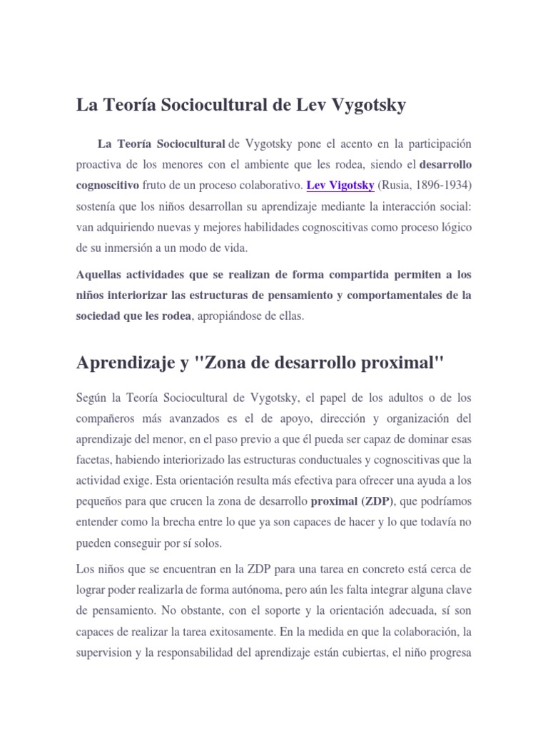 La Teoría Sociocultural de Lev Vygotsky | PDF | Aprendizaje | Epistemología