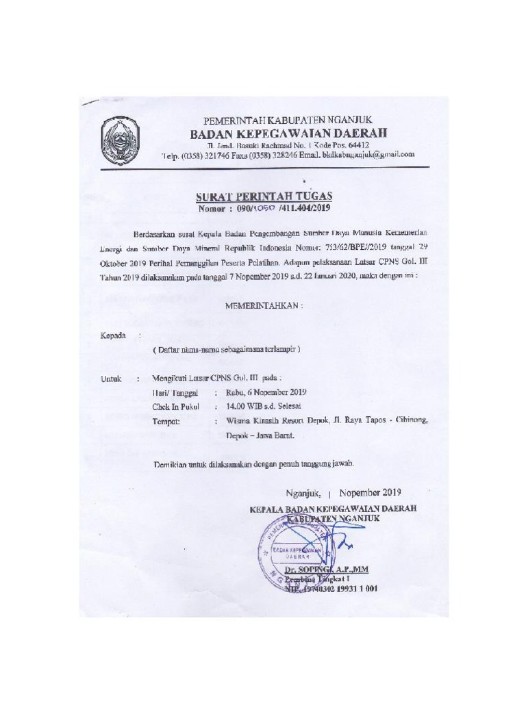 Surat Tugas Latsar Cpns 2019