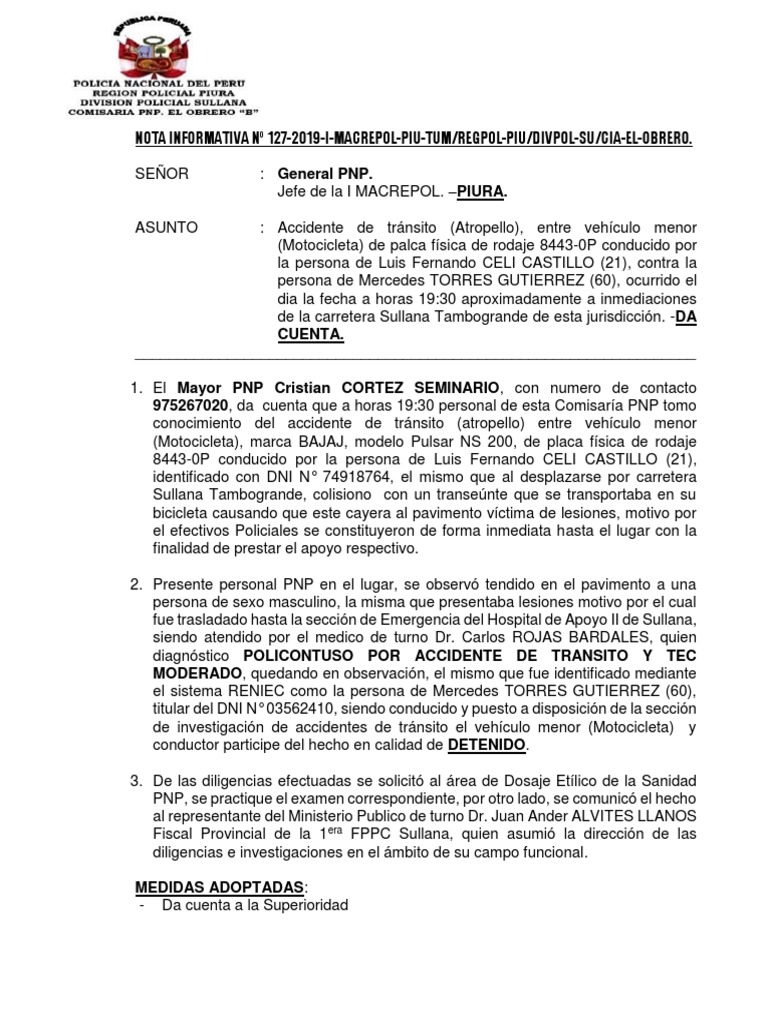 Nota Informativa: Accidente de Tránsito | PDF | Accidente de tráfico ...