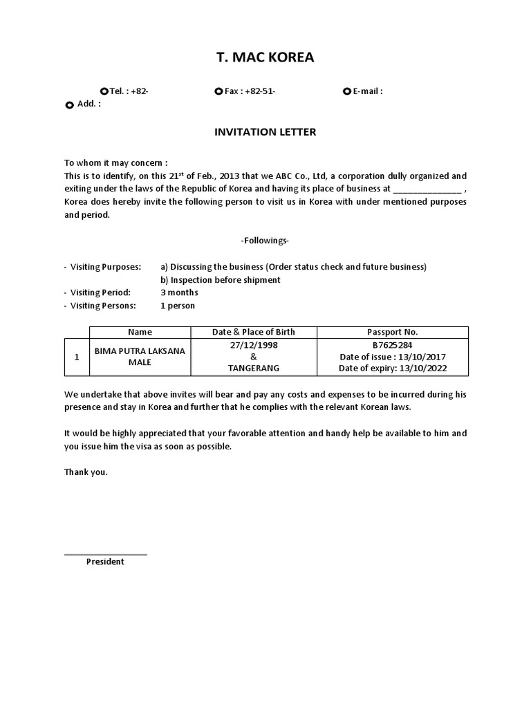 T. Mac Korea Invitation Letter PDF