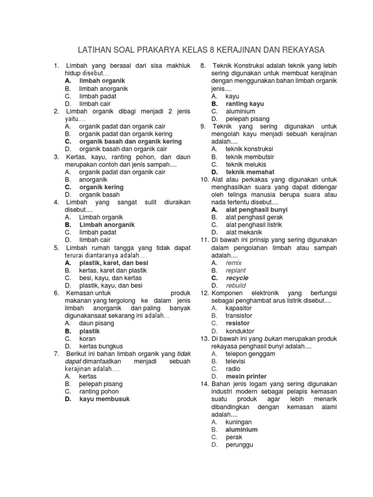 Soal Pas 1 Prakarya Rekayasa Kelas 8