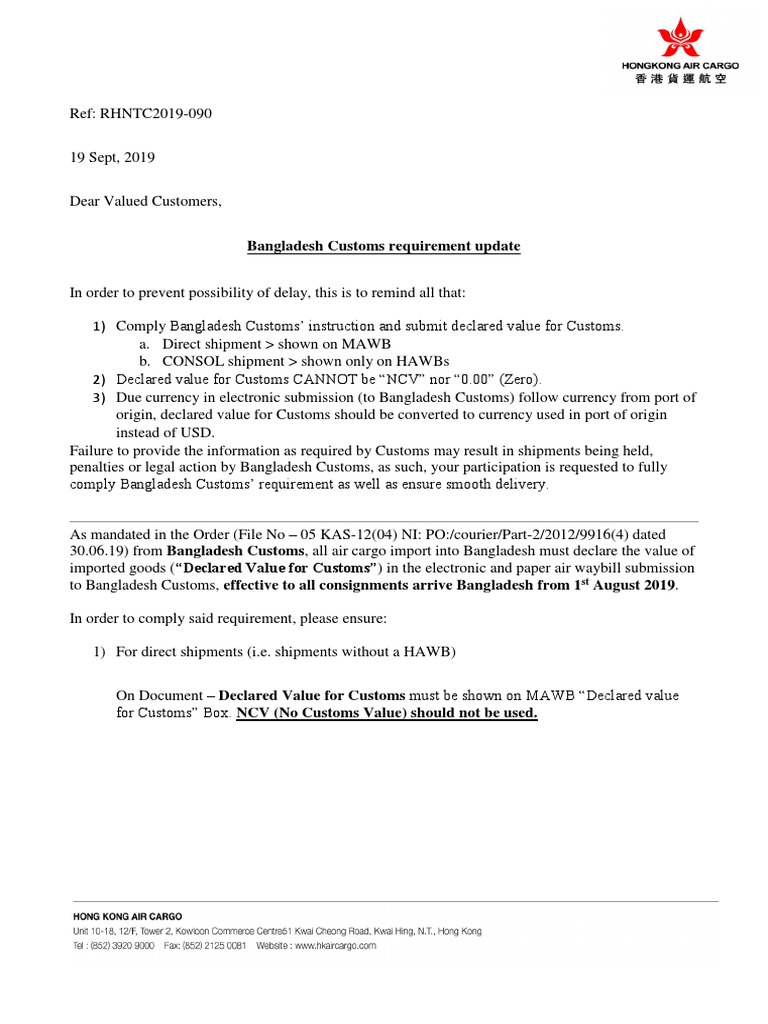 RHNTC218 Bangladesh Customs Requirement From 01aug2019 PDF