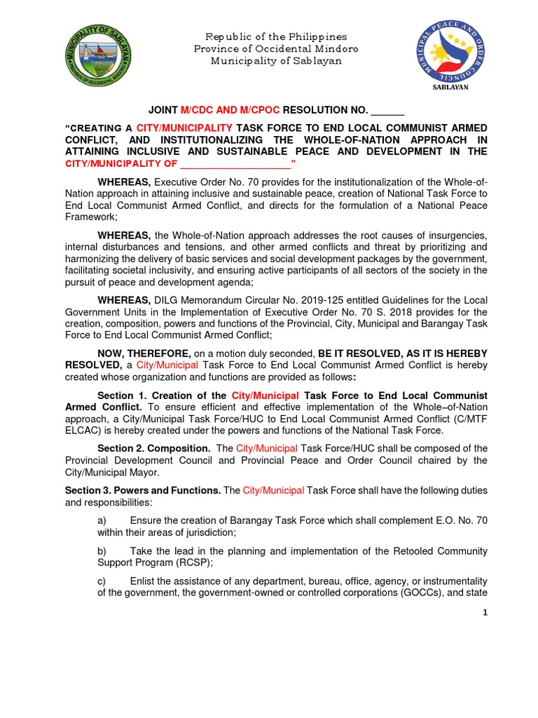 Joint Resolution for Local Task Force ELCAC | PDF | Local Government ...