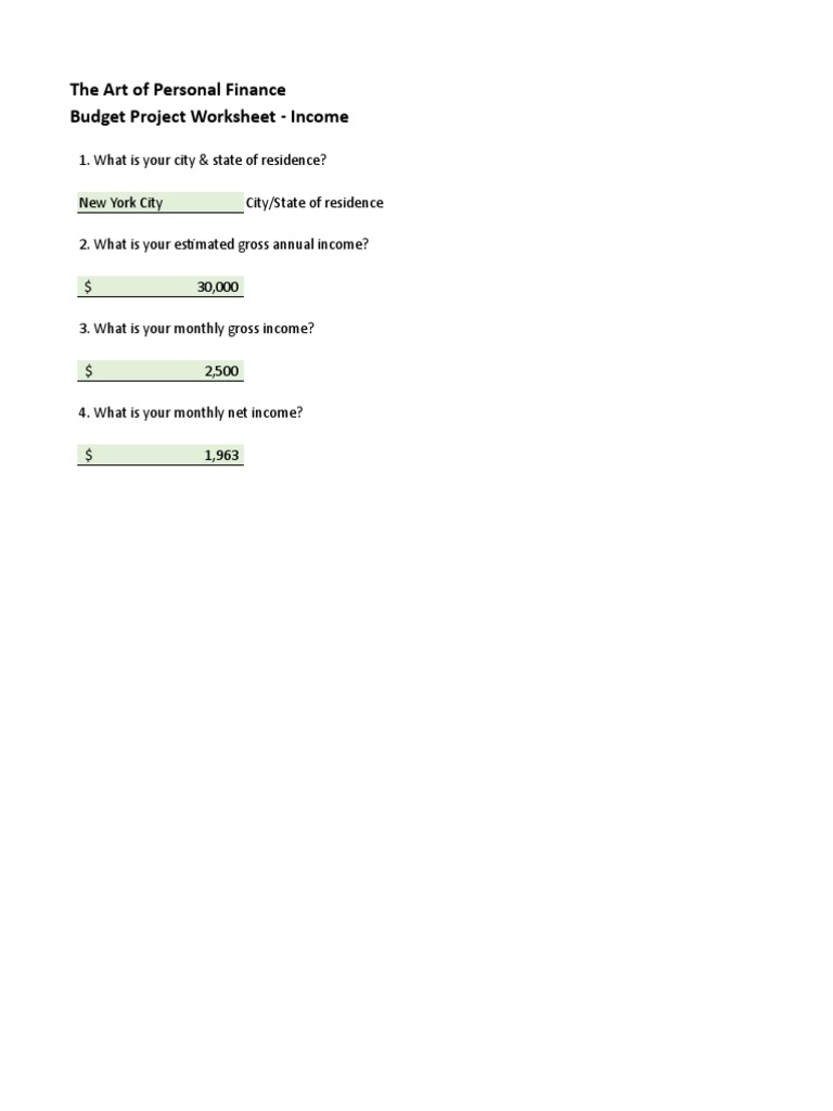 The Art of Personal Finance Budget Project Worksheet PDF