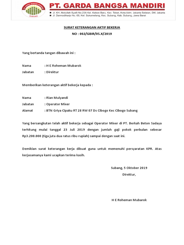 Surat Keterangan Aktif Bekerja