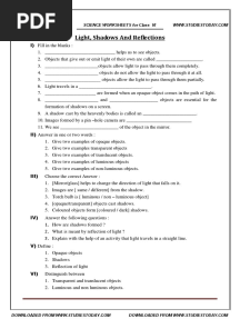 CBSE Class 6 Worksheet - Light, Shadows and Reflections PDF