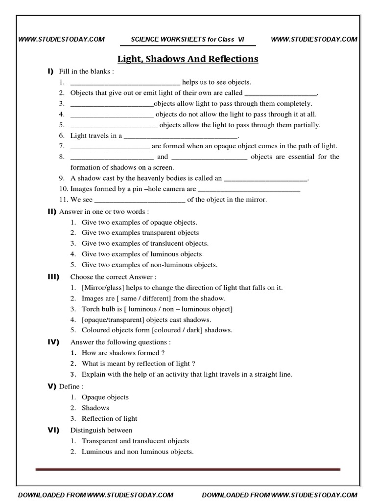cbse class 6 worksheet light shadows and reflections pdf pdf shadow atomic