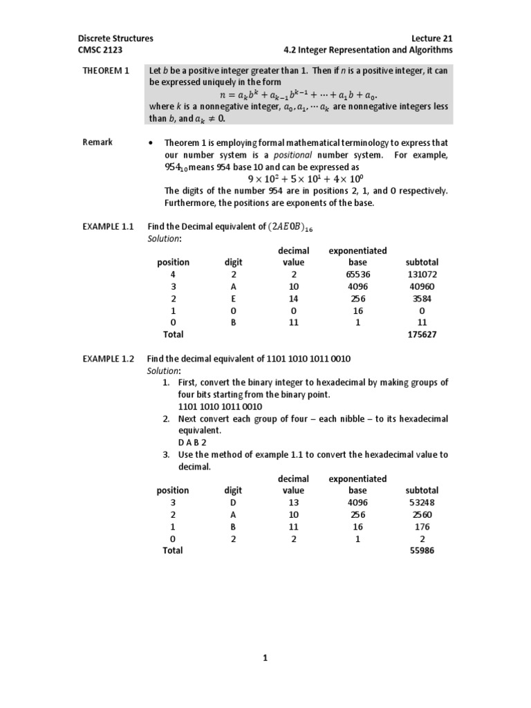 Discrete Structures Lecture 21 CMSC 2123 4.2 Integer Representation and ...