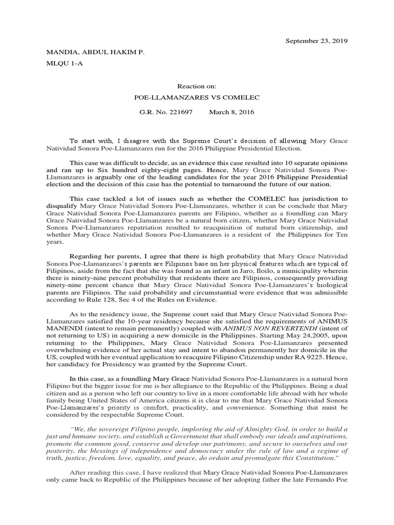 Poe Case Reaction Paper PDF Citizenship Virtue