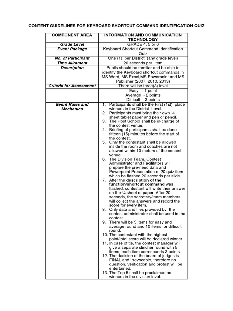 Keyboard Shortcut Quiz Guidelines PDF Computing