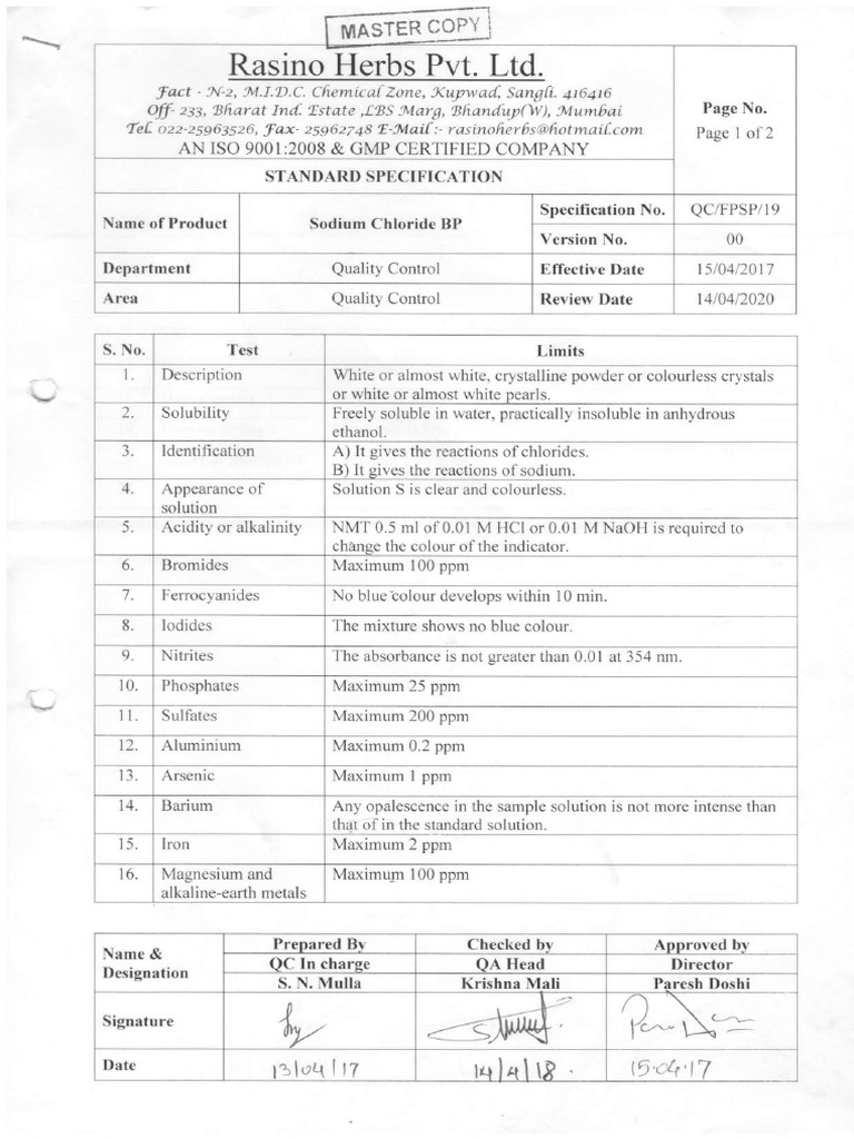 Sodium Chloride Specification Document | PDF | Solubility | Metallic ...