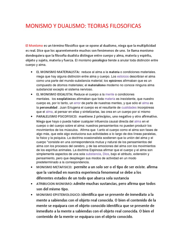 Monismo y Dualismo en Filosofía | PDF | Monismo | Dualismo