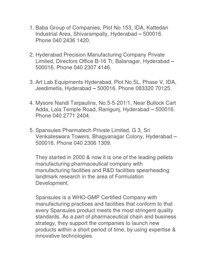 Directory of Manufacturing and Industrial Companies in Hyderabad