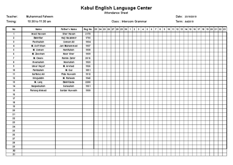 Intercom Grammar Attendance Sheet | PDF